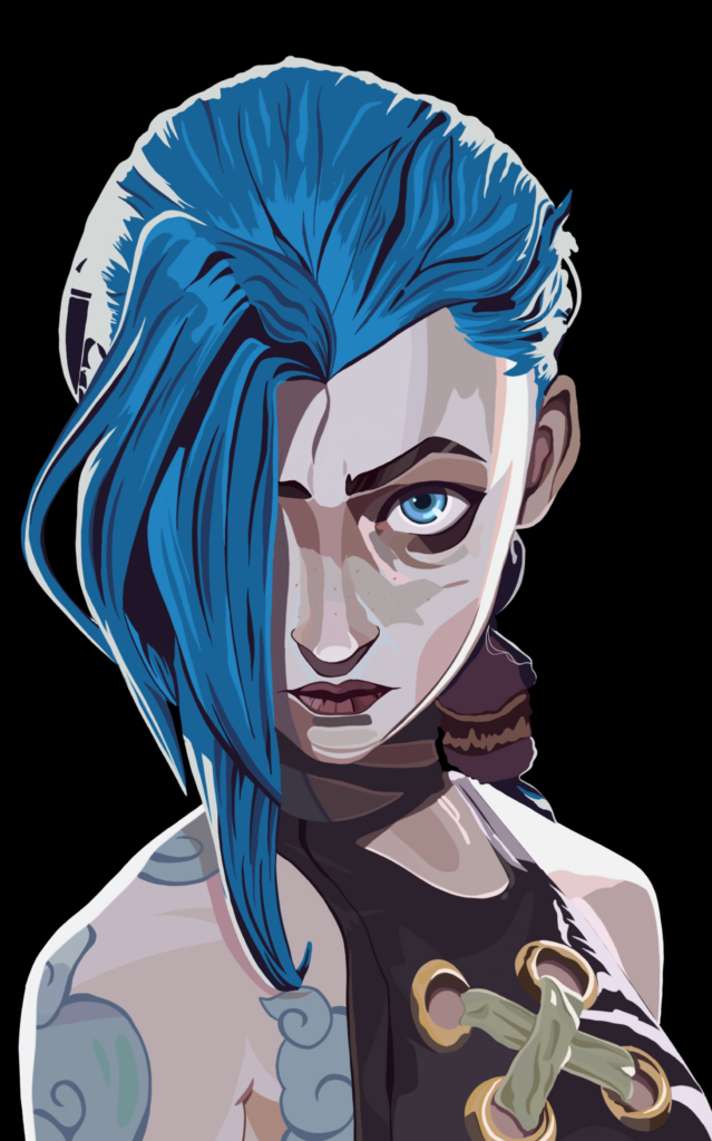 Portrait illustration of cyberpunk woman with blue hair and blue cloud tattoos