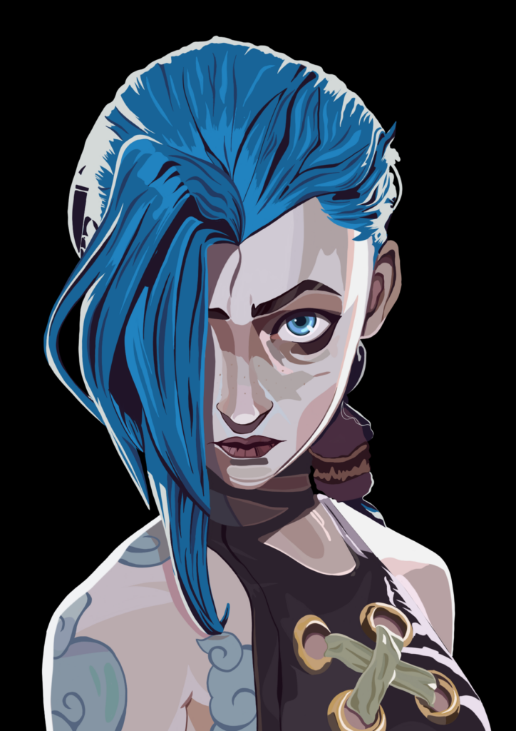 Portrait illustration of cyberpunk woman with blue hair and blue cloud tattoos
