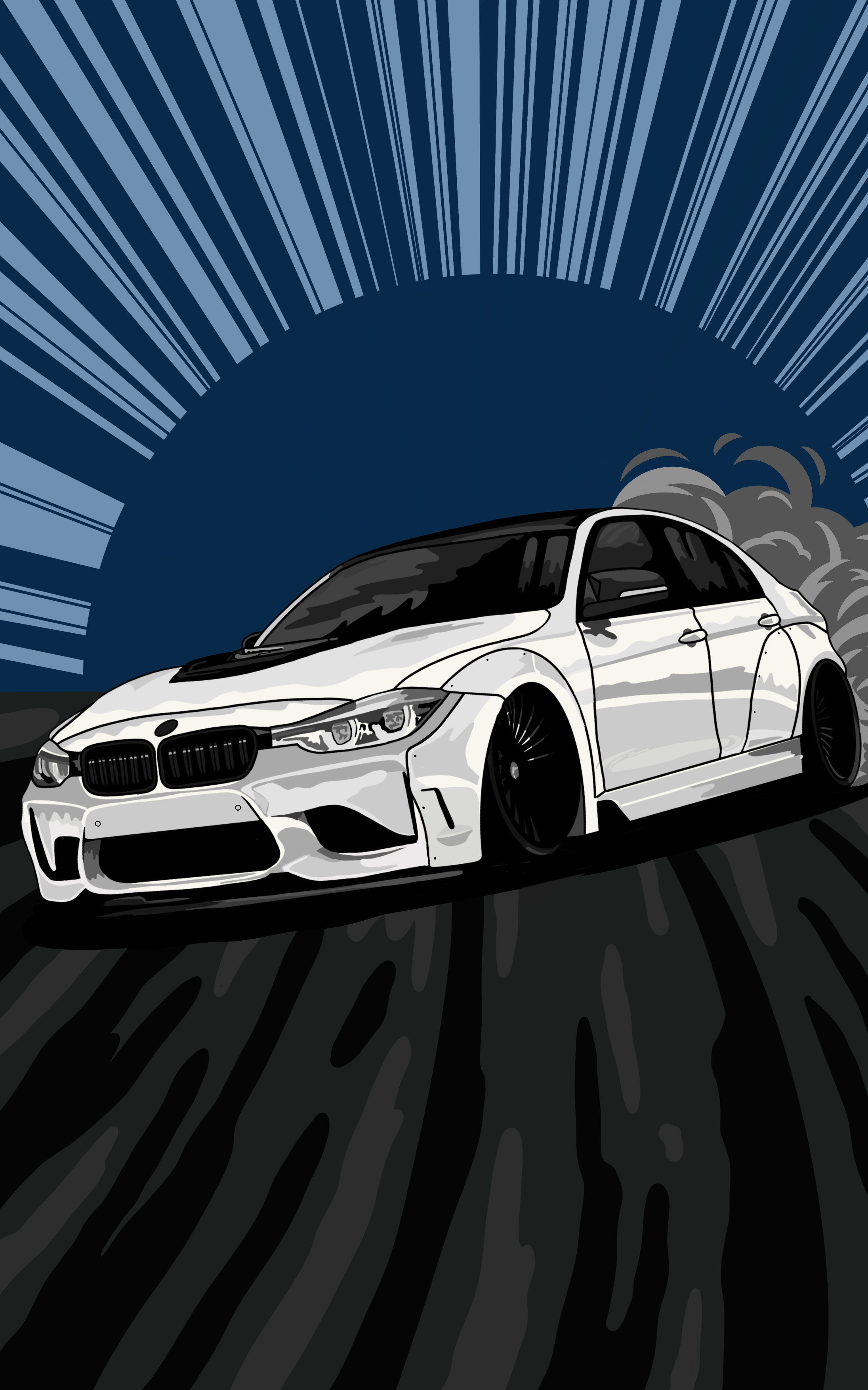 Illustration of a BMW car on the road with a blue sky