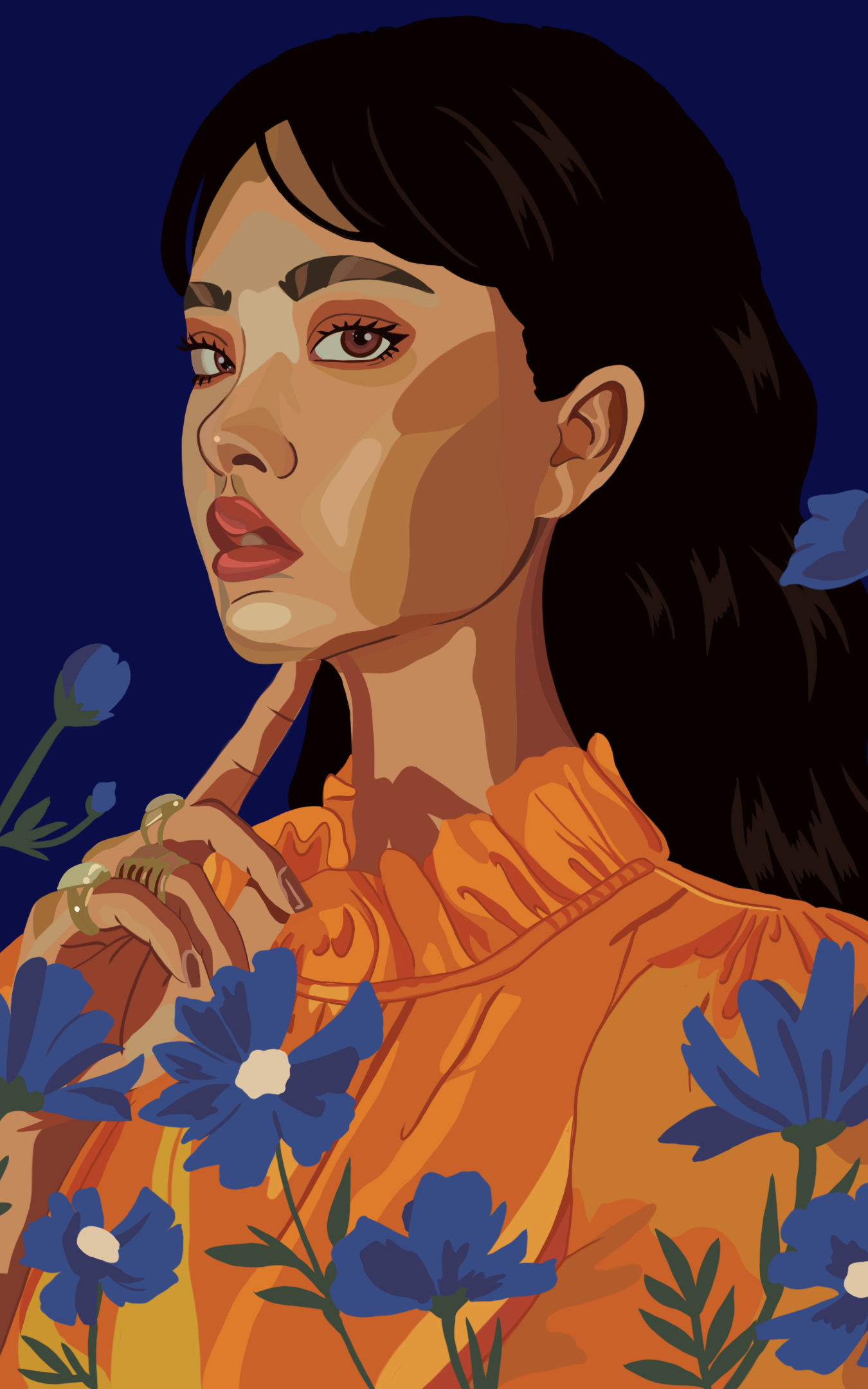 Illustration of woman wearing an orange shirt surrounded by blue flowers