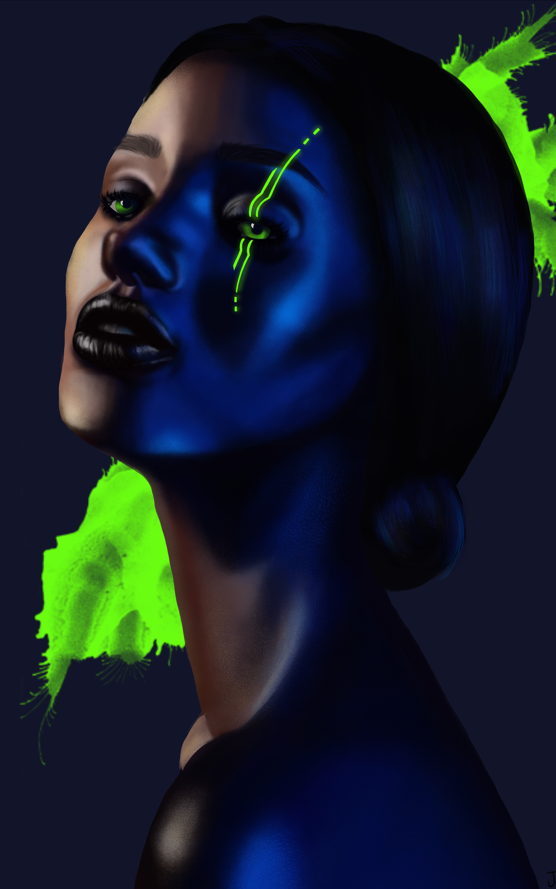 Realistic portrait illustration of cyberpunk woman with blue lighting and neon green details