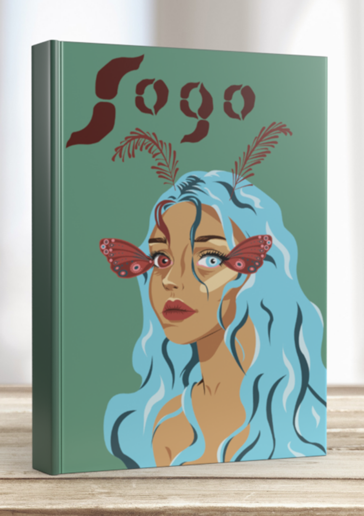 Design of book cover illustration of a portrait of a woman with butterfly details and blue hair