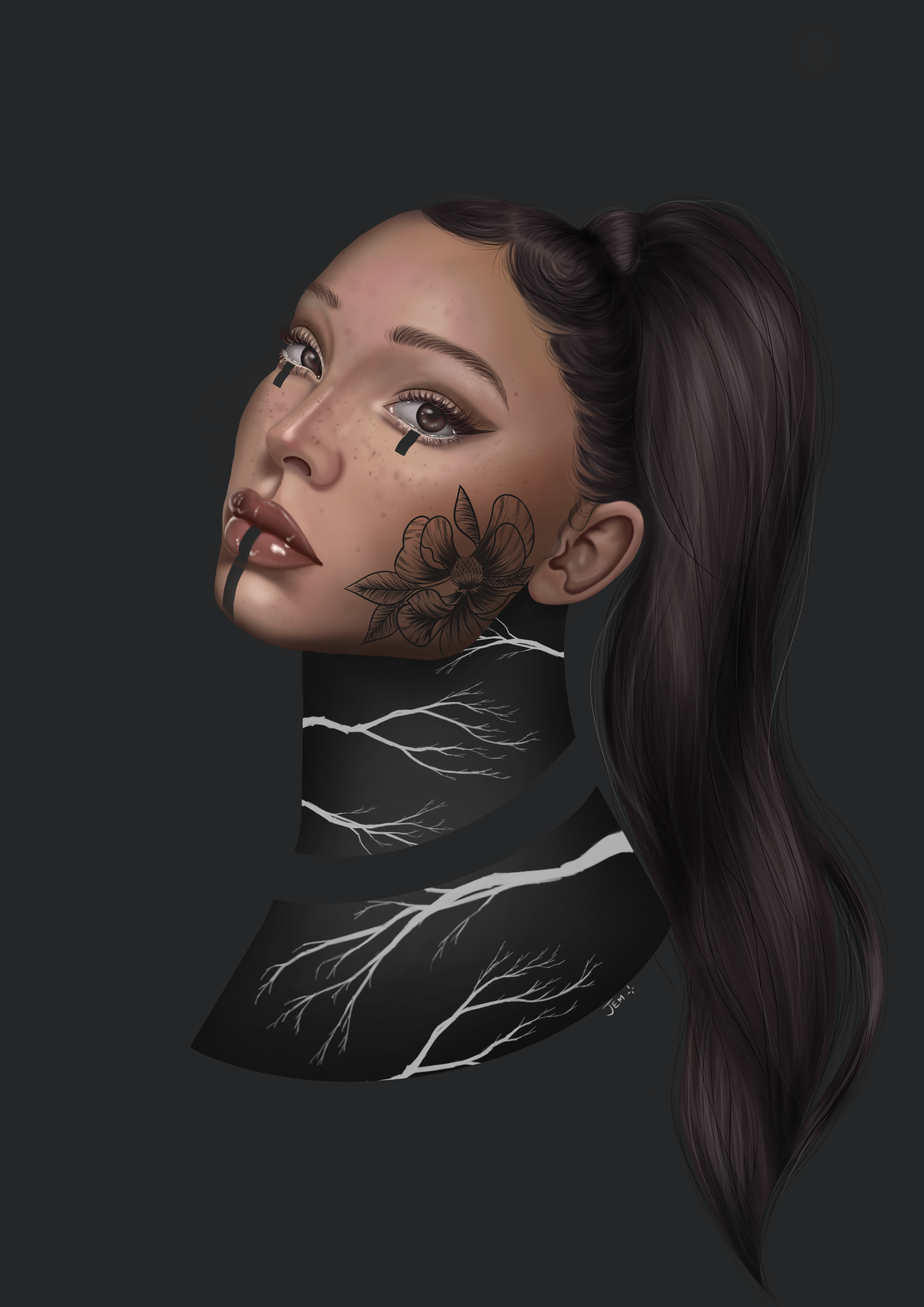 Portrait illustration of woman with face tattoo and branch detailing on the neck